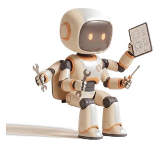 The Fast Growth robot holding a wrench, a screwdriver and a tablet at once