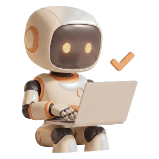 The Fast Growth robot typing on a laptop with a tick floating beside it