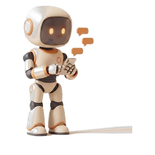 The Fast Growth robot holding a phone with message bubbles rising from it